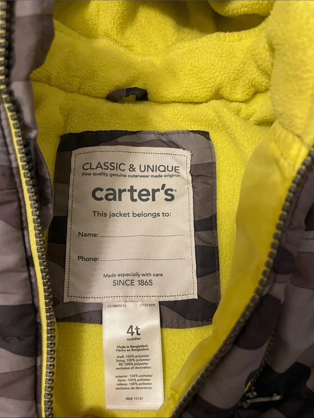 Carter's Boys' Camouflage Puffer Jacket with Yellow Lining 4 T